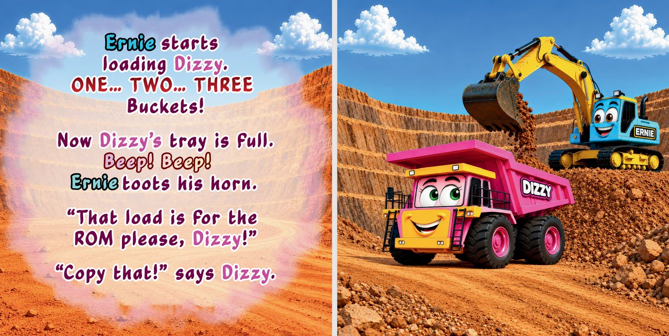 Inside pages — Ernie loads Dizzy, one, two, three buckets