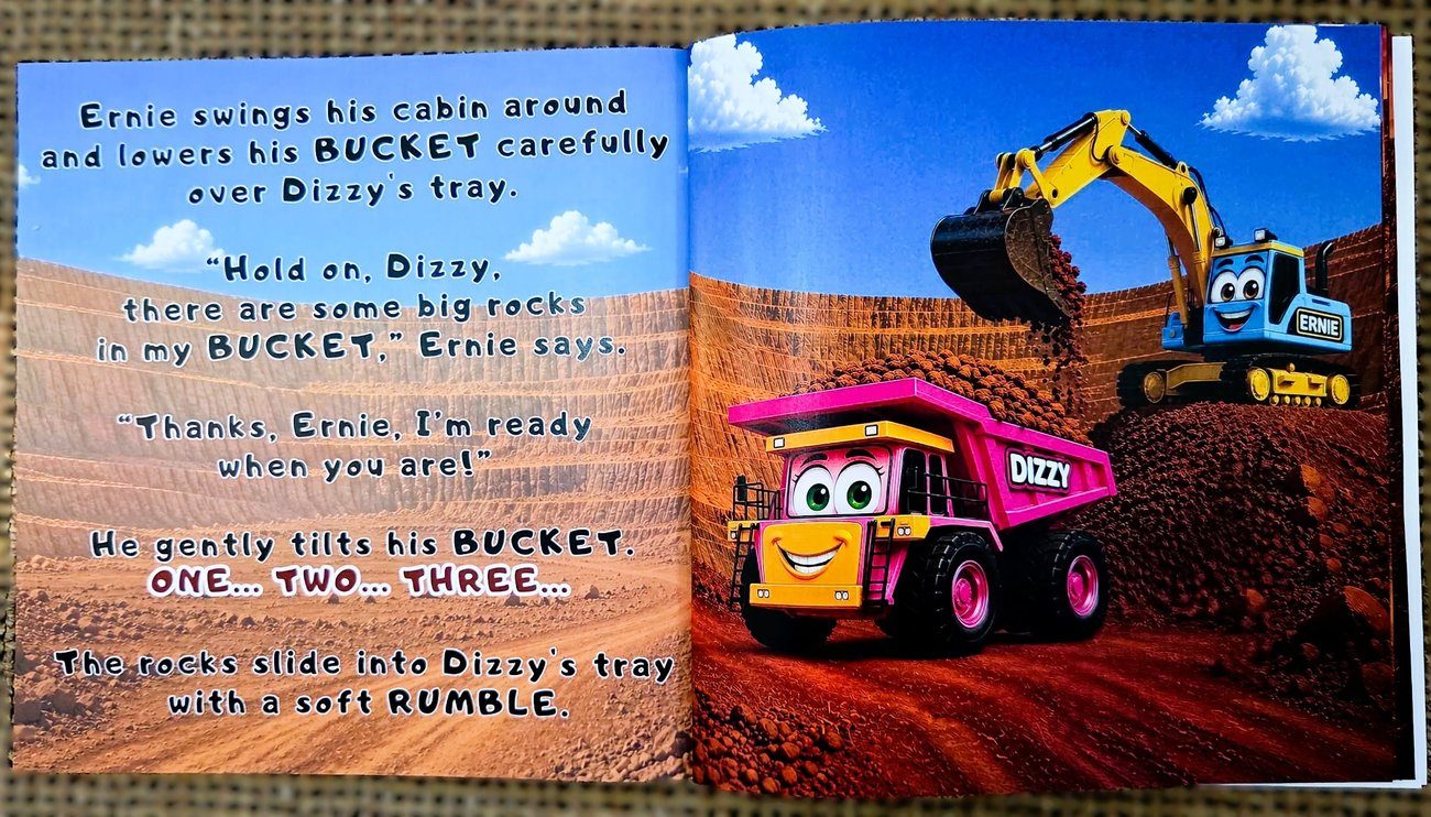 Inside pages — Ernie loads rocks into Dizzy's tray